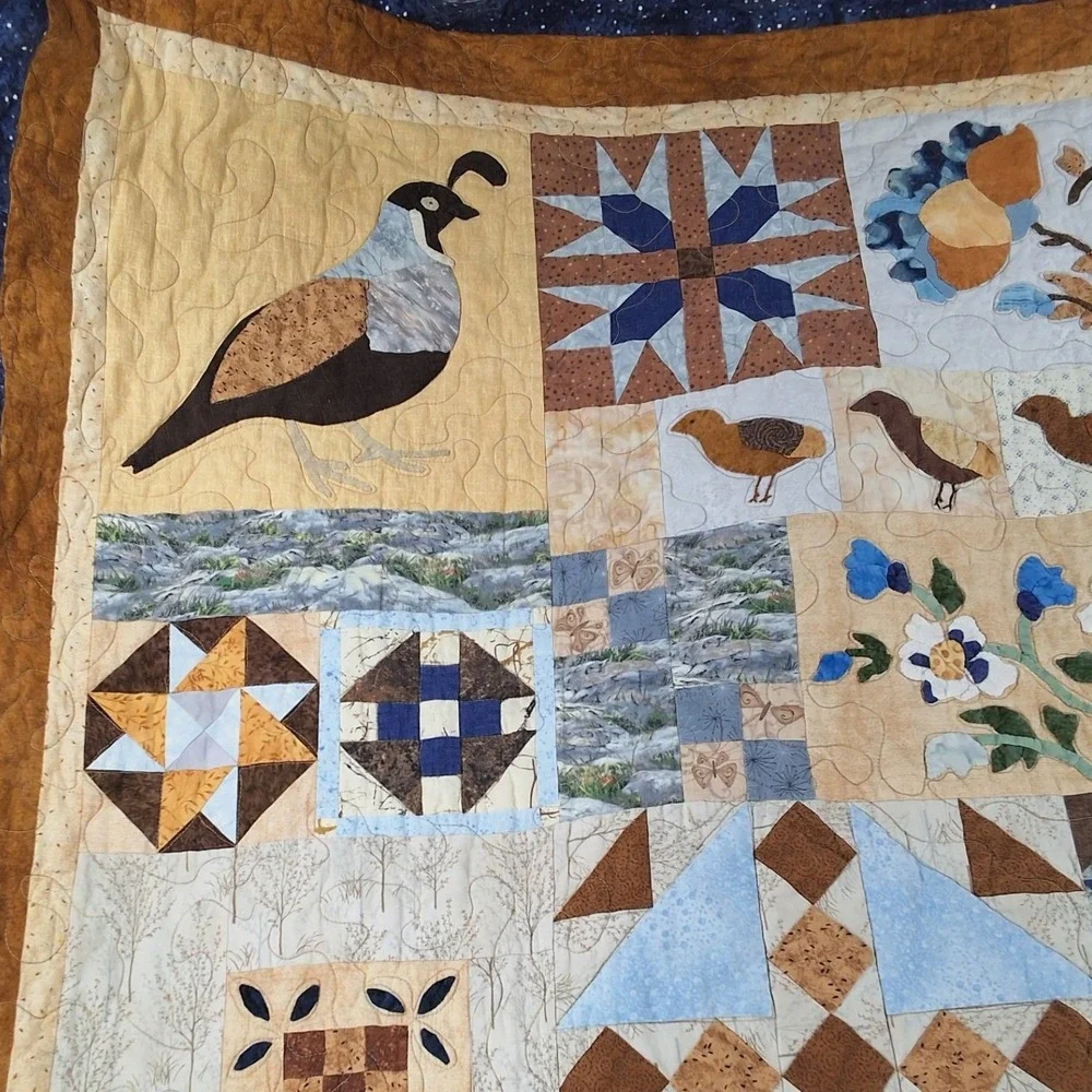 Handmade Patchwork Quilt Quail Bird Woodland Blue Brown Rustic Country Throw